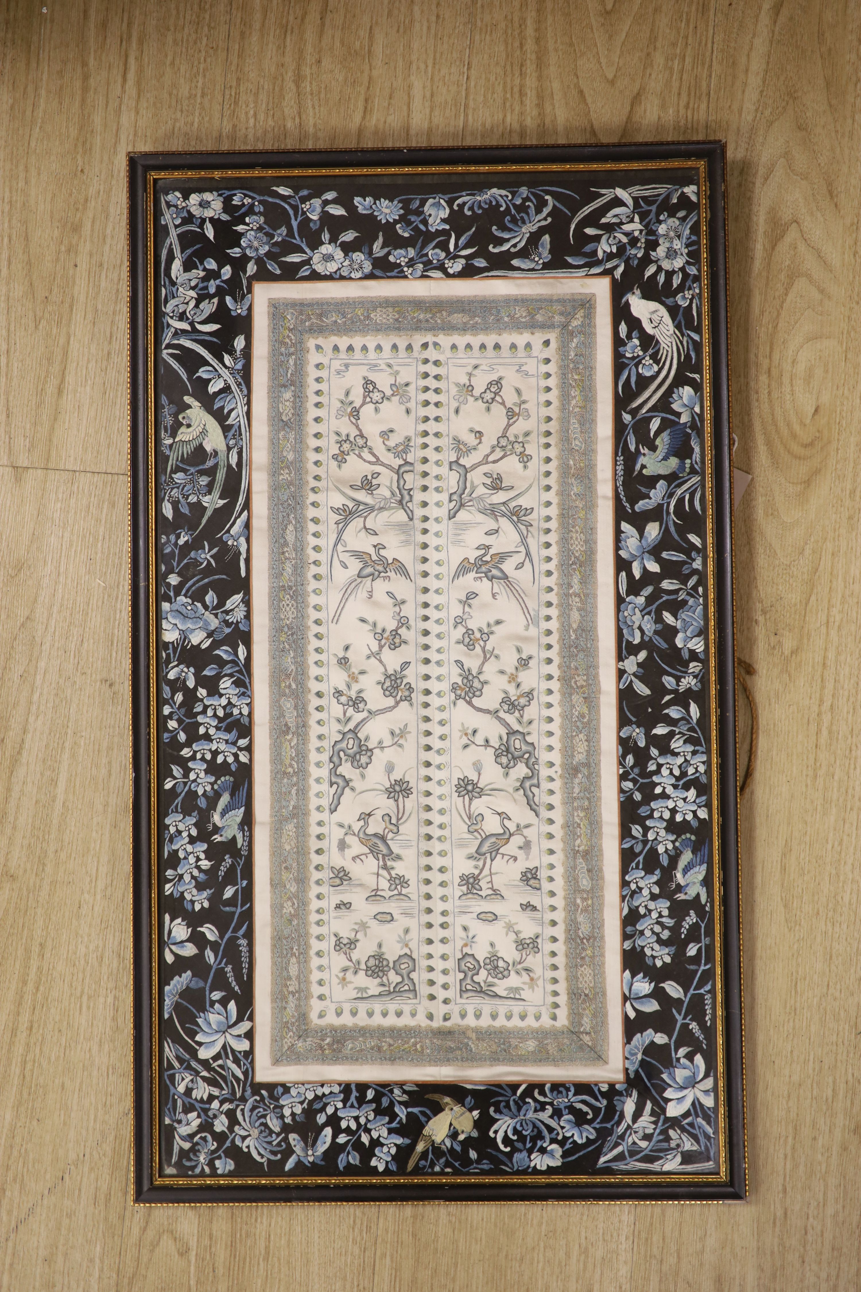 Two framed Chinese late Qing embroidered silk panels 71 x 39cm & 62 x 32cm